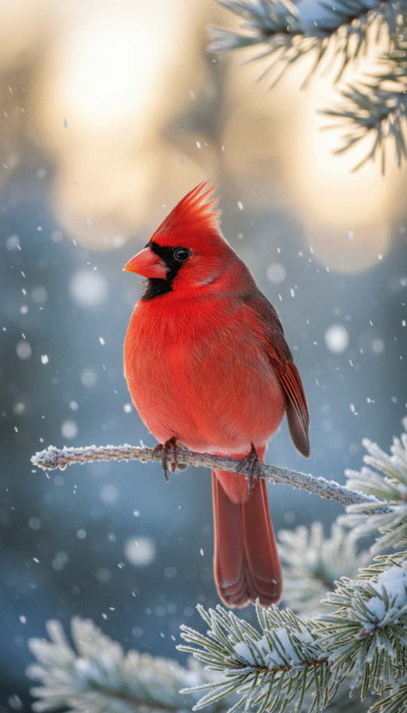 A vibrant, close-up image of a bright red cardinal perched delicately on a thin branch, showcasing its striking plumage against a soft, blurred background of wintery pine trees dusted with snow. The foreground highlights the cardinal with intricate feather details, while the middle ground features subtle hints of nature, such as scattered pine needles. In the background, a gentle snowfall adds a serene atmosphere, with soft, diffused sunlight breaking through clouds, creating a warm, inviting glow. The composition evokes a sense of peace and reflection, symbolizing transformation and the deeper meanings associated with the appearance of <a href=