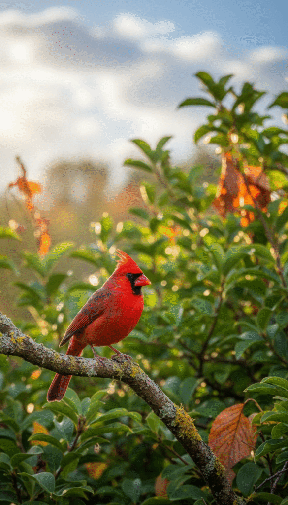 A vibrant composition that captures the essence of cardinal red energy, invoking feelings of warmth and vitality. In the foreground, a glossy, vividly red cardinal is perched gracefully on a branch, its feathers glistening in the soft, golden morning light. The middle ground features a lush backdrop of green foliage, where hints of autumn leaves add a contrasting warmth. In the background, a cloudy sky with gentle rays of sunlight breaking through sets a tranquil ambiance. The scene is illuminated with natural light, creating a soft focus on the cardinal while allowing the greenery to blend harmoniously. The overall mood is uplifting and serene, embodying the significance of the cardinal’s striking color and energetic presence.