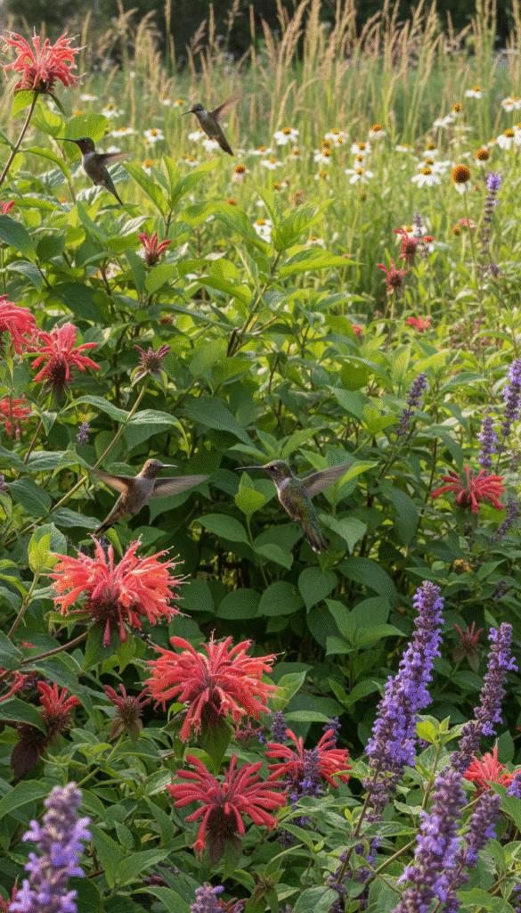 A vibrant garden brimming with native plants that attract hummingbirds, foreground filled with colorful trumpet-shaped flowers like coral honeysuckle and bee balm, their petals glistening with droplets of nectar. In the middle ground, a variety of lush green foliage, interspersed with native shrubs that provide natural habitat, dappled sunlight filtering through leaves creating a warm, inviting glow. The background features a soft-focus of tall grasses and wildflowers swaying gently in a light breeze, offering a serene backdrop. Natural lighting enhances the colors of the flowers, with a slight bokeh effect to emphasize the hummingbirds hovering mid-air, their iridescent feathers catching the light. The atmosphere is peaceful, evoking a sense of tranquility and harmony in nature. A vibrant garden brimming with native plants that attract hummingbirds, foreground filled with colorful trumpet-shaped flowers like coral honeysuckle and bee balm, their petals glistening with droplets of nectar. In the middle ground, a variety of lush green foliage, interspersed with native shrubs that provide natural habitat, dappled sunlight filtering through leaves creating a warm, inviting glow. The background features a soft-focus of tall grasses and wildflowers swaying gently in a light breeze, offering a serene backdrop. Natural lighting enhances the colors of the flowers, with a slight bokeh effect to emphasize the hummingbirds hovering mid-air, their iridescent feathers catching the light. The atmosphere is peaceful, evoking a sense of tranquility and harmony in nature.