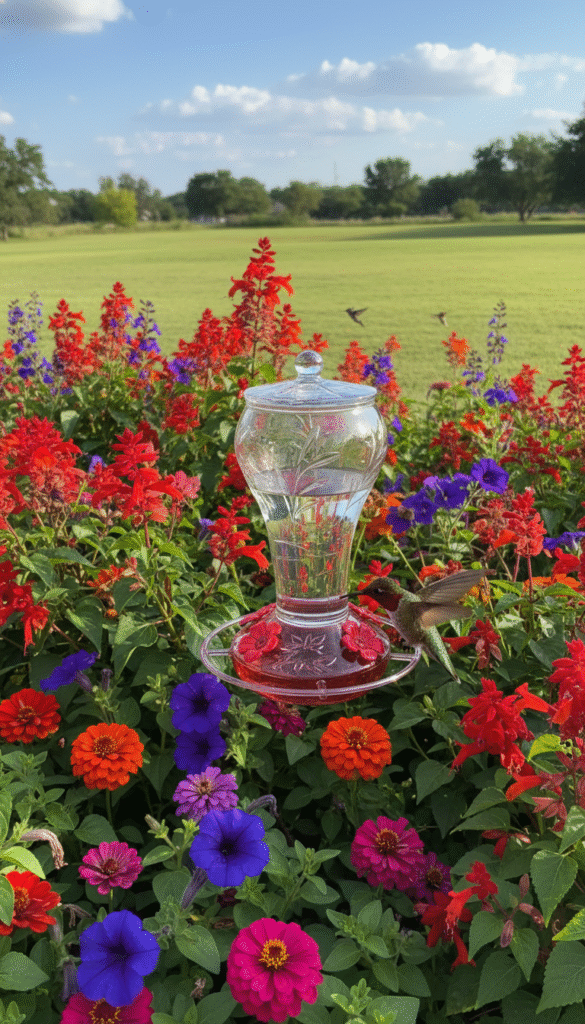 A vibrant garden scene showcasing a hummingbird feeder surrounded by colorful blossoms. In the foreground, a bright red hummingbird, wings in motion, sips nectar from the feeder. The feeder is adorned with intricate floral designs, catching sunlight with a glimmering effect. In the middle ground, well-maintained garden beds filled with an assortment of flowers like petunias, zinnias, and salvia attract more hummingbirds, creating a lively, bustling atmosphere. The background features a lush green lawn under a blue sky with fluffy white clouds, suggesting a warm Texas day. Soft, natural lighting enhances the scene, highlighting the beauty of the garden and the joy of watching hummingbirds in action. The overall mood is cheerful and serene, inviting viewers to imagine the tranquility of a Texas backyard. A vibrant garden scene showcasing a hummingbird feeder surrounded by colorful blossoms. In the foreground, a bright red hummingbird, wings in motion, sips nectar from the feeder. The feeder is adorned with intricate floral designs, catching sunlight with a glimmering effect. In the middle ground, well-maintained garden beds filled with an assortment of flowers like petunias, zinnias, and salvia attract more hummingbirds, creating a lively, bustling atmosphere. The background features a lush green lawn under a blue sky with fluffy white clouds, suggesting a warm Texas day. Soft, natural lighting enhances the scene, highlighting the beauty of the garden and the joy of watching hummingbirds in action. The overall mood is cheerful and serene, inviting viewers to imagine the tranquility of a Texas backyard.