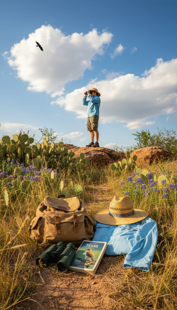 A vibrant outdoor scene showcasing essential birding gear and clothing on a sunlit Texas trail. In the foreground, neatly arranged binoculars, a field guide, and a sturdy backpack are displayed alongside a lightweight, long-sleeved moisture-wicking shirt, cargo shorts, and a wide-brimmed hat, suitable for sunny weather. The middle ground features a person dressed in similar clothing, focusing through binoculars while standing on a rocky outcrop, surrounded by native Texas flora like cacti and wildflowers. In the background, the blue sky is dotted with fluffy white clouds, while a distant bird can be glimpsed soaring. Soft sunlight illuminates the scene, creating a warm, inviting atmosphere, perfect for a birding adventure. A vibrant outdoor scene showcasing essential birding gear and clothing on a sunlit Texas trail. In the foreground, neatly arranged binoculars, a field guide, and a sturdy backpack are displayed alongside a lightweight, long-sleeved moisture-wicking shirt, cargo shorts, and a wide-brimmed hat, suitable for sunny weather. The middle ground features a person dressed in similar clothing, focusing through binoculars while standing on a rocky outcrop, surrounded by native Texas flora like cacti and wildflowers. In the background, the blue sky is dotted with fluffy white clouds, while a distant bird can be glimpsed soaring. Soft sunlight illuminates the scene, creating a warm, inviting atmosphere, perfect for a birding adventure.