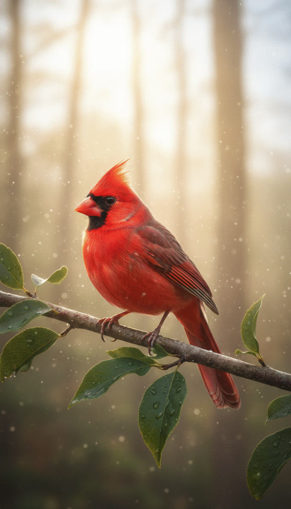 A vibrant red cardinal perched gracefully on a delicate branch, surrounded by lush green leaves and soft, ethereal light filtering through a gentle morning mist. In the foreground, the cardinal's bright plumage glistens, symbolizing warmth and connection. Behind it, a serene, dream-like background with soft-focus trees and a tranquil sky hints at divinity, enhancing the atmosphere of spirituality. The image is bathed in a soft golden glow, evoking feelings of peace and nostalgia. A shallow depth of field captures the essence of intimate presence, as if the viewer is being whispered to by a loving memory. The overall mood is hopeful and comforting, inviting deep reflection and connection with nature.