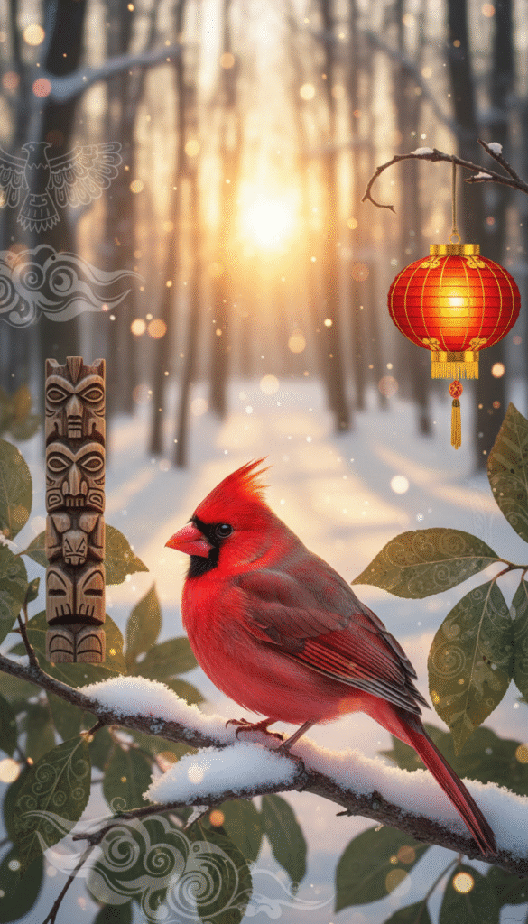 A vibrant red cardinal, perched majestically on a snow-dusted branch, serves as the focal point in the foreground. Surrounding it are soft, muted tones of winter foliage, hinting at various cultural symbols associated with cardinals, like Native American motifs and ancient Eastern philosophies. In the middle ground, subtle representations of different cultures, such as a small, stylized Native American totem and an Eastern lantern, blend harmoniously. The background features a softly blurred winter landscape, illuminated by the warm glow of the setting sun, casting golden rays through the trees. This serene and contemplative atmosphere encapsulates the diverse cultural meanings of the cardinal, evoking a sense of peace and connection to nature. The composition is framed with a gentle bokeh effect, emphasizing the cardinal’s vibrancy while ensuring a tranquil, reflective mood.