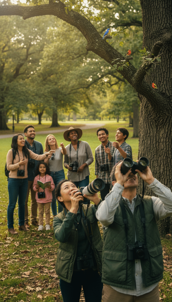 A vibrant scene depicting a diverse group of birders enthusiastically engaging in their passion for birdwatching. In the foreground, a couple of birders, one wearing a comfortable green vest and holding binoculars, the other with a camera, are actively observing birds. In the middle ground, a small group of people of various ages, genders, and ethnicities, all dressed in casual outdoor attire, are sharing stories and pointing at a nearby tree where colorful songbirds are perched. In the background, a lush park landscape with vibrant foliage and soft sunlight filtering through the leaves creates a warm and inviting atmosphere. The image conveys a sense of community and connection, with soft lighting that enhances the friendly and welcoming mood of nature lovers united by their shared interest.