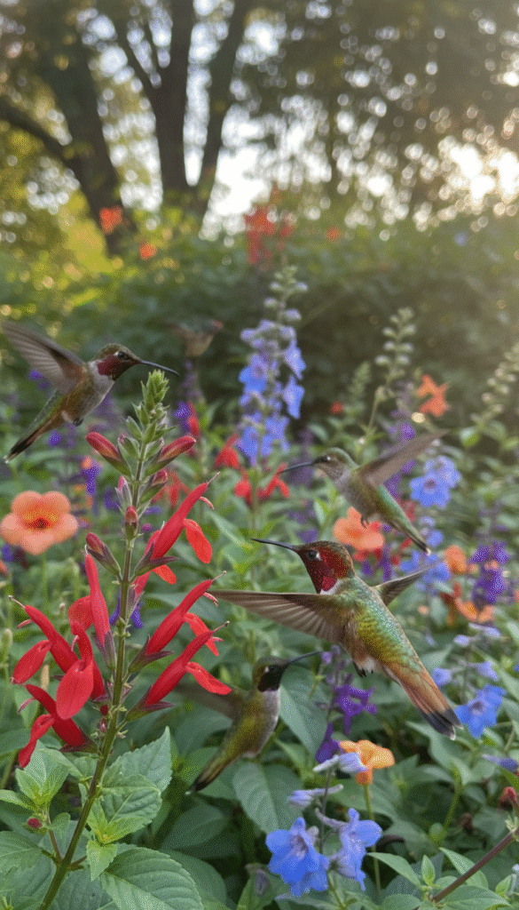A vibrant scene of hummingbirds engaging in their feeding patterns within a lush backyard garden sanctuary. In the foreground, a brilliantly colored hummingbird hovers near a bright red tubular flower, its wings a blur of motion, showcasing iridescent feathers that catch the sunlight. In the middle ground, multiple flowers attract various hummingbirds, creating a dynamic interaction among them, with a soft focus on their delicate movements. The background features a verdant backdrop of green foliage and trees, illuminated by warm, golden sunlight filtering through the leaves. The composition captures a peaceful and joyful atmosphere, with a soft bokeh effect to enhance the focus on the hummingbirds and their vibrant feeding behavior. A vibrant scene of hummingbirds engaging in their feeding patterns within a lush backyard garden sanctuary. In the foreground, a brilliantly colored hummingbird hovers near a bright red tubular flower, its wings a blur of motion, showcasing iridescent feathers that catch the sunlight. In the middle ground, multiple flowers attract various hummingbirds, creating a dynamic interaction among them, with a soft focus on their delicate movements. The background features a verdant backdrop of green foliage and trees, illuminated by warm, golden sunlight filtering through the leaves. The composition captures a peaceful and joyful atmosphere, with a soft bokeh effect to enhance the focus on the hummingbirds and their vibrant feeding behavior.