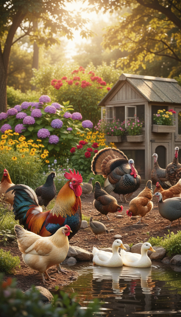 A vibrant scene showcasing a variety of diverse poultry species, including colorful chickens, ducks, turkeys, and guinea fowl. In the foreground, a proud rooster with striking plumage stands next to a fluffy hen, while a couple of ducks paddle nearby in a small pond. In the middle ground, several chickens scratch the ground, displaying their unique feather patterns and colors. The background features a lush garden with flowering plants and a rustic coop, bathed in soft, warm sunlight, casting gentle shadows. The atmosphere is lively and inviting, suggesting a serene countryside setting, captured with a shallow depth of field to emphasize the birds. Use a wide-angle lens for a dynamic perspective that captures the essence of a harmonious poultry paradise. A vibrant scene showcasing a variety of diverse poultry species, including colorful chickens, ducks, turkeys, and guinea fowl. In the foreground, a proud rooster with striking plumage stands next to a fluffy hen, while a couple of ducks paddle nearby in a small pond. In the middle ground, several chickens scratch the ground, displaying their unique feather patterns and colors. The background features a lush garden with flowering plants and a rustic coop, bathed in soft, warm sunlight, casting gentle shadows. The atmosphere is lively and inviting, suggesting a serene countryside setting, captured with a shallow depth of field to emphasize the birds. Use a wide-angle lens for a dynamic perspective that captures the essence of a harmonious poultry paradise.