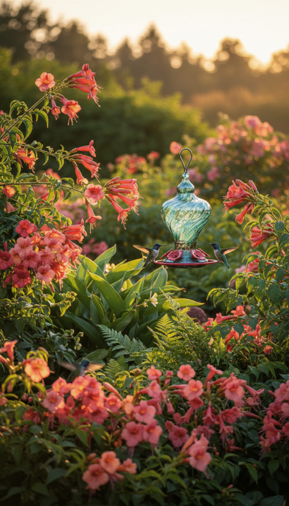A vivid garden scene featuring tubular flowers, ideal for attracting hummingbirds. In the foreground, clusters of bright, tubular blossoms like trumpet vines and fuchsia dangle enticingly, with their vibrant colors—reds, pinks, oranges—gleaming in the sunlight. In the middle ground, a tastefully designed hummingbird feeder nestled among lush green foliage, accentuating the connection between flowers and feeding stations. The background features blurred outlines of additional greenery, creating a natural, harmonious environment. The scene is bathed in warm, golden hour lighting, giving it a soft, inviting glow. Capture the mood of a tranquil garden, bustling gently with life, inviting hummingbirds to flutter around, emphasizing the beauty of nature intertwined with the feeder design.