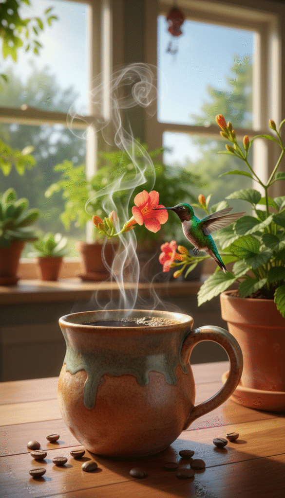 A warm, inviting kitchen scene centered around a steaming cup of high-caffeine coffee with elegant swirls of steam rising above it. In the foreground, a beautifully crafted ceramic mug filled with rich, dark coffee sits on a wooden table, surrounded by a few coffee beans scattered artfully. In the middle ground, a vibrant hummingbird hovers near a vibrant flower, its iridescent feathers catching the morning light. The background features sunlit kitchen windows, showcasing lush green plants and a hint of a peaceful Tyler, Texas morning outside. The atmosphere is serene yet energizing, symbolizing a unique ritual that combines the comfort of coffee with the joy of nature. Soft, natural lighting enhances the warmth and coziness of the scene. A warm, inviting kitchen scene centered around a steaming cup of high-caffeine coffee with elegant swirls of steam rising above it. In the foreground, a beautifully crafted ceramic mug filled with rich, dark coffee sits on a wooden table, surrounded by a few coffee beans scattered artfully. In the middle ground, a vibrant hummingbird hovers near a vibrant flower, its iridescent feathers catching the morning light. The background features sunlit kitchen windows, showcasing lush green plants and a hint of a peaceful Tyler, Texas morning outside. The atmosphere is serene yet energizing, symbolizing a unique ritual that combines the comfort of coffee with the joy of nature. Soft, natural lighting enhances the warmth and coziness of the scene.