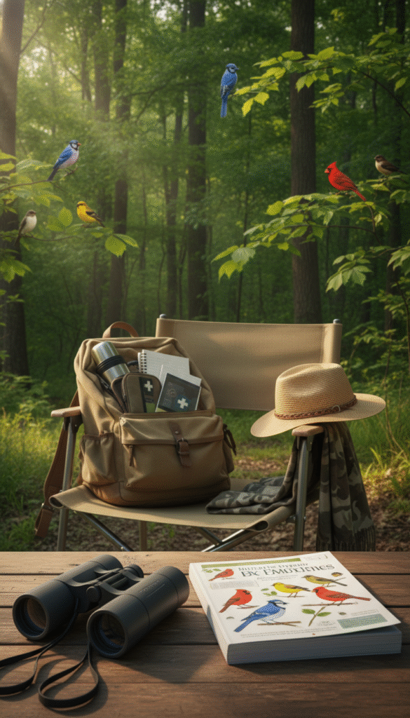 A well-organized birdwatching setup in a serene outdoor setting. In the foreground, display a pair of high-quality binoculars with a sleek design, a bird guidebook featuring vibrant illustrations, and a rugged backpack filled with birdwatching essentials. In the middle ground, include a comfortable folding chair and a wide-brimmed hat, suggesting a long day of birdwatching. In the background, depict a lush green forest with occasional colorful birds perched on branches, creating an atmosphere of tranquility and anticipation. The scene is bathed in soft morning sunlight, casting gentle shadows, enhancing the peaceful mood. Use a slightly elevated angle to capture the depth and arrangement of the gear, ensuring clarity and focus on each item.