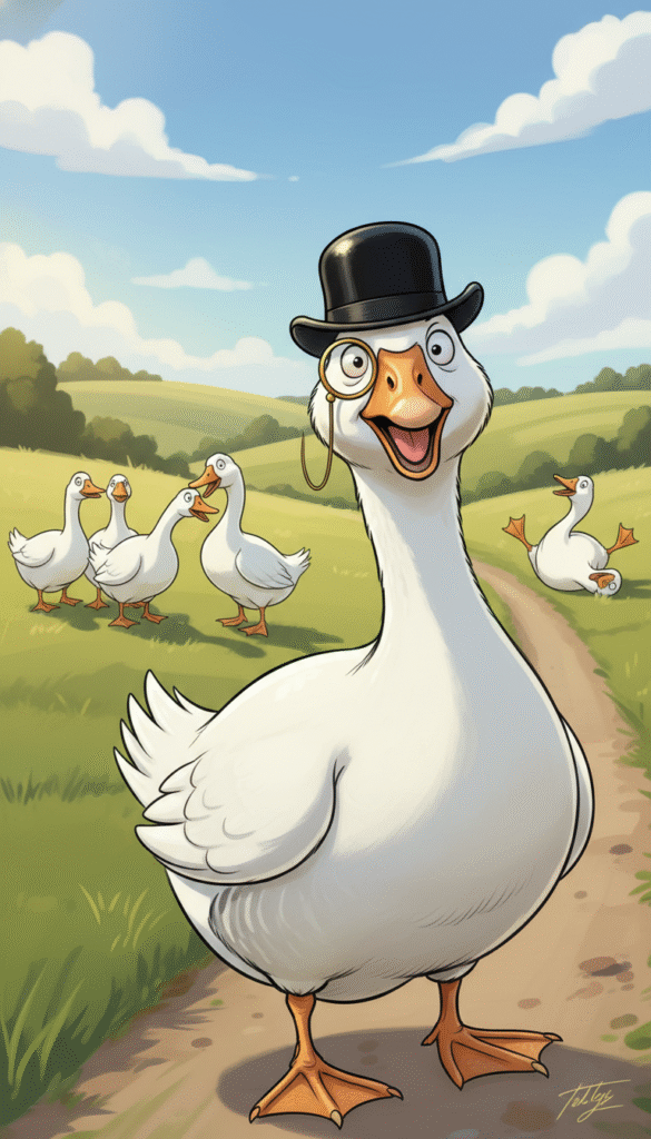 A whimsical British satire caricature of a goose, standing confidently in the foreground, wearing a tiny bowler hat and monocle, with an exaggerated, comical expression that conveys humor. The goose is surrounded by a group of smaller geese in the middle ground, each displaying playful and humorous poses, like waddling in line or pretending to gossip, enhancing the sense of camaraderie. The background features a charming countryside scene with rolling green hills and a clear blue sky, bathed in warm sunlight that casts soft shadows. Capture the entire scene from a slightly low angle to emphasize the goose's larger-than-life personality, evoking a lighthearted and humorous atmosphere, ideal for showcasing the goofy nature of geese. A whimsical British satire caricature of a goose, standing confidently in the foreground, wearing a tiny bowler hat and monocle, with an exaggerated, comical expression that conveys humor. The goose is surrounded by a group of smaller geese in the middle ground, each displaying playful and humorous poses, like waddling in line or pretending to gossip, enhancing the sense of camaraderie. The background features a charming countryside scene with rolling green hills and a clear blue sky, bathed in warm sunlight that casts soft shadows. Capture the entire scene from a slightly low angle to emphasize the goose's larger-than-life personality, evoking a lighthearted and humorous atmosphere, ideal for showcasing the goofy nature of geese.