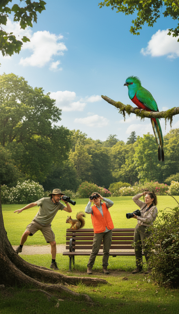 A whimsical scene of birdwatching fails in a lush green park. In the foreground, a group of amateur birdwatchers in casual, modest clothing are hilariously struggling with their binoculars, one accidentally tripping over a tree root, while another is peering at a squirrel, mistaking it for a rare bird. In the middle ground, a large, colorful bird perches on a low branch, watching the chaos below with a curious expression. The background features a bright blue sky scattered with fluffy white clouds and vibrant foliage. The lighting is bright and cheerful, capturing a sunny afternoon. The mood is light-hearted and comedic, emphasizing the unpredictability of nature and the comedic moments that come with birdwatching. A whimsical scene of birdwatching fails in a lush green park. In the foreground, a group of amateur birdwatchers in casual, modest clothing are hilariously struggling with their binoculars, one accidentally tripping over a tree root, while another is peering at a squirrel, mistaking it for a rare bird. In the middle ground, a large, colorful bird perches on a low branch, watching the chaos below with a curious expression. The background features a bright blue sky scattered with fluffy white clouds and vibrant foliage. The lighting is bright and cheerful, capturing a sunny afternoon. The mood is light-hearted and comedic, emphasizing the unpredictability of nature and the comedic moments that come with birdwatching.