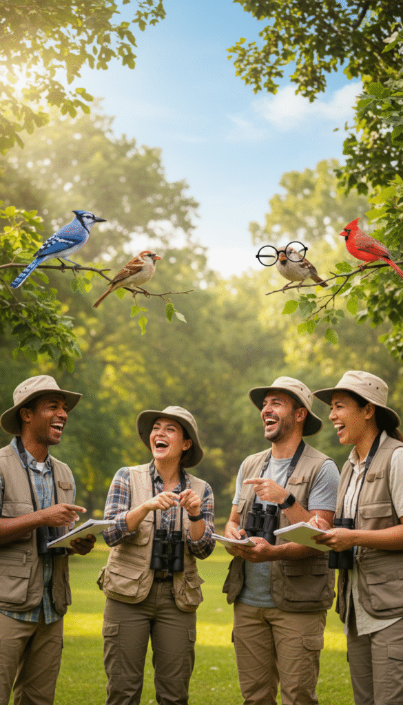 A whimsical scene portraying the lighter side of birdwatching, set in a vibrant, sunlit park. In the foreground, a diverse group of adult birdwatchers in modest casual clothing, with binoculars and notepads, share light-hearted jokes and laughter. Their expressions are animated and joyful, emphasizing camaraderie. The middle ground features various colorful birds perched on tree branches, seemingly reacting to the jokes, with one bird wearing oversized glasses, adding a humorous touch. The background showcases lush greenery and a clear blue sky, with soft sunlight filtering through the leaves, creating a warm, inviting atmosphere. The lens should have a slight depth of field, focusing on the joyful group while subtly blurring the background, enhancing the playful mood. A whimsical scene portraying the lighter side of birdwatching, set in a vibrant, sunlit park. In the foreground, a diverse group of adult birdwatchers in modest casual clothing, with binoculars and notepads, share light-hearted jokes and laughter. Their expressions are animated and joyful, emphasizing camaraderie. The middle ground features various colorful birds perched on tree branches, seemingly reacting to the jokes, with one bird wearing oversized glasses, adding a humorous touch. The background showcases lush greenery and a clear blue sky, with soft sunlight filtering through the leaves, creating a warm, inviting atmosphere. The lens should have a slight depth of field, focusing on the joyful group while subtly blurring the background, enhancing the playful mood.