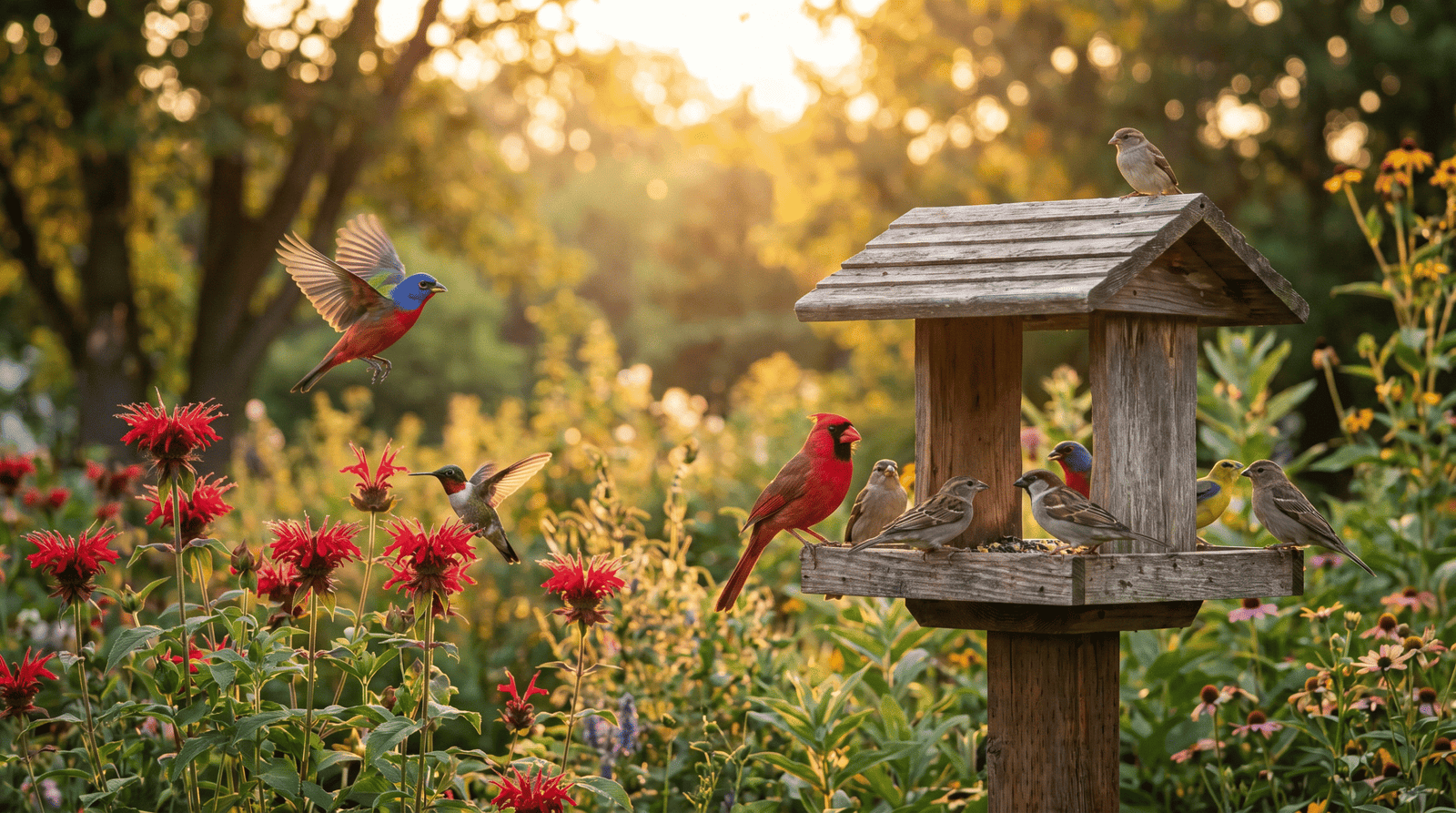 Beautiful backyard birds at a feeder in golden hour light