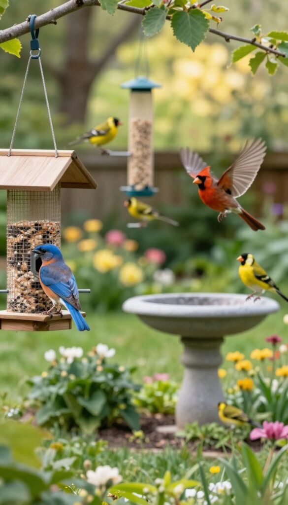 A serene backyard scene illustrating the beauty of birdwatching, featuring a diverse array of colorful birds perched on feeders and in trees. In the foreground, a wooden bird feeder filled with seeds attracts a bluebird and a goldfinch, while a cardinal flits nearby. The middle ground showcases a small birdbath surrounded by lush greenery, creating a tranquil setting. In the background, a soft-focus garden filled with blooming flowers and gentle sunlight filtering through the trees enhances the peaceful atmosphere. The image is captured with natural, warm lighting, emphasizing the vibrant colors of the birds and foliage. The overall mood is calm and inviting, inviting viewers to appreciate the joys of backyard birding. A serene backyard scene illustrating the beauty of birdwatching, featuring a diverse array of colorful birds perched on feeders and in trees. In the foreground, a wooden bird feeder filled with seeds attracts a bluebird and a goldfinch, while a cardinal flits nearby. The middle ground showcases a small birdbath surrounded by lush greenery, creating a tranquil setting. In the background, a soft-focus garden filled with blooming flowers and gentle sunlight filtering through the trees enhances the peaceful atmosphere. The image is captured with natural, warm lighting, emphasizing the vibrant colors of the birds and foliage. The overall mood is calm and inviting, inviting viewers to appreciate the joys of backyard birding.