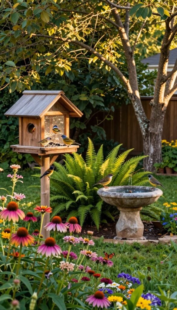 A serene backyard scene showcasing a bird-friendly environment. In the foreground, colorful native flowers like echinacea and milkweed attract butterflies, while a rustic wooden bird feeder brimming with seeds invites various birds. In the middle, a small birdbath surrounded by lush green ferns serves as a refreshing water source, with a couple of songbirds perched nearby. The background features a diverse array of native trees, their branches creating natural shelter. The lighting is warm and golden, as if during the golden hour, casting soft shadows and highlighting the vibrant colors of nature. The atmosphere is calm and inviting, evoking a sense of peace and connection with wildlife, perfect for promoting the joy of birdwatching. A serene backyard scene showcasing a bird-friendly environment. In the foreground, colorful native flowers like echinacea and milkweed attract butterflies, while a rustic wooden bird feeder brimming with seeds invites various birds. In the middle, a small birdbath surrounded by lush green ferns serves as a refreshing water source, with a couple of songbirds perched nearby. The background features a diverse array of native trees, their branches creating natural shelter. The lighting is warm and golden, as if during the golden hour, casting soft shadows and highlighting the vibrant colors of nature. The atmosphere is calm and inviting, evoking a sense of peace and connection with wildlife, perfect for promoting the joy of birdwatching.