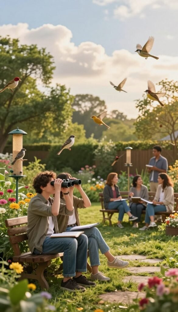 A tranquil backyard scene depicting a diverse group of people engaged in bird watching, fostering a sense of mental health and emotional well-being. In the foreground, two individuals in casual clothing, one holding binoculars and the other observing notes, sit peacefully on a wooden bench surrounded by lush greenery and colorful flowers. The middle ground features a variety of birds perched on a feeder and flitting between trees, highlighting the joy of birding. The background showcases a soft, sunlit sky with fluffy clouds, casting warm, golden light over the scene. The atmosphere is serene and calming, evoking a sense of connection with nature and mindfulness. The image should capture the beauty of this peaceful outdoor experience, emphasizing relaxation and happiness. A tranquil backyard scene depicting a diverse group of people engaged in bird watching, fostering a sense of mental health and emotional well-being. In the foreground, two individuals in casual clothing, one holding binoculars and the other observing notes, sit peacefully on a wooden bench surrounded by lush greenery and colorful flowers. The middle ground features a variety of birds perched on a feeder and flitting between trees, highlighting the joy of birding. The background showcases a soft, sunlit sky with fluffy clouds, casting warm, golden light over the scene. The atmosphere is serene and calming, evoking a sense of connection with nature and mindfulness. The image should capture the beauty of this peaceful outdoor experience, emphasizing relaxation and happiness.