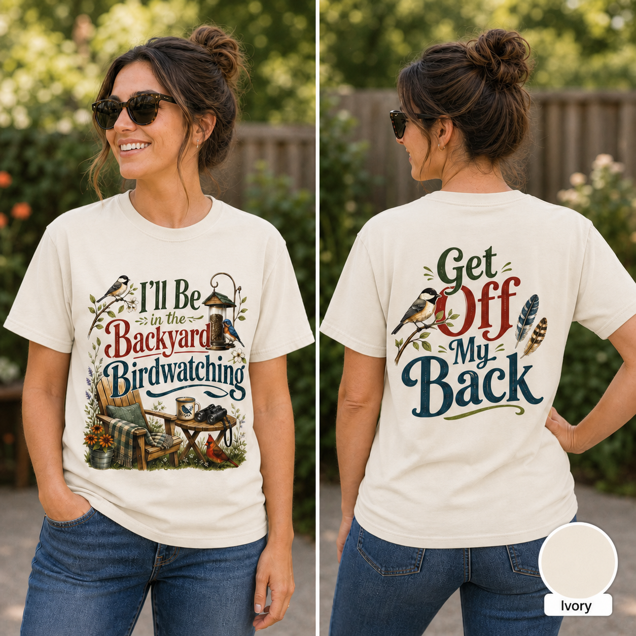 Birdwatching shirt front and back - female ivory