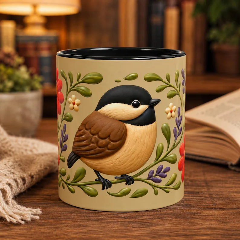 Chickadee Coffee Mug 3D Folk Art Design
