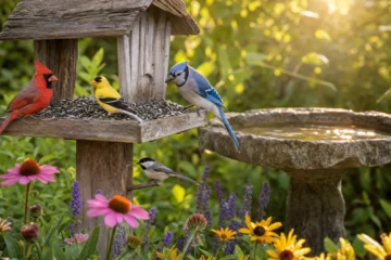 Colorful birds at a rustic wooden bird feeder in a golden hour garden