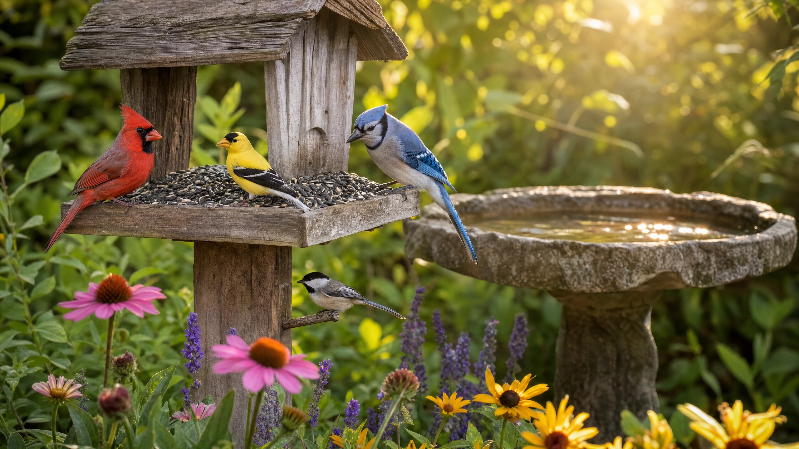 Colorful birds at a rustic wooden bird feeder in a golden hour garden