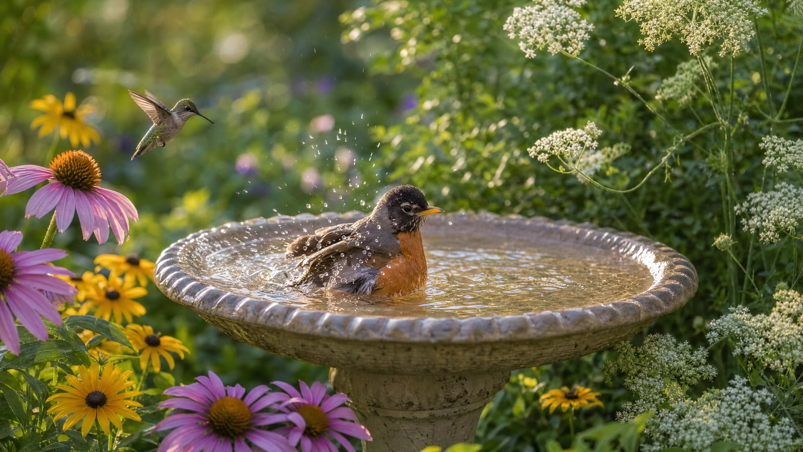 A robin splashing in a garden birdbath surrounded by wildflowers with a hummingbird nearby