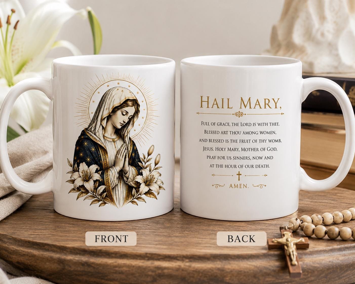 Hail Mary Prayer Mug, a Catholic gift featuring the Blessed Mother and rosary-inspired artwork
