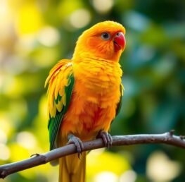 A vibrant sun conure perched confidently on a branch, its brilliant orange and yellow plumage glistening in soft, warm lighting. The bird's intelligent gaze is captured in sharp focus, while the background is rendered in a blurred, natural setting of lush greenery. The composition emphasizes the conure's striking colors and captivating personality, inviting the viewer to appreciate the intricate beauty and charm of this remarkable parrot species.
